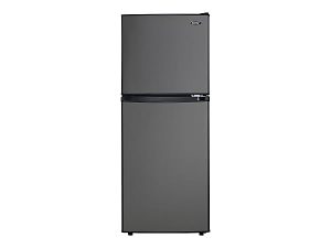 Gray double-door refrigerator with a top freezer and a sleek design. Ideal for modern kitchens.