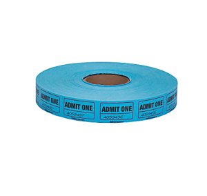 Roll of blue "Admit One" tickets with serial numbers printed on it.