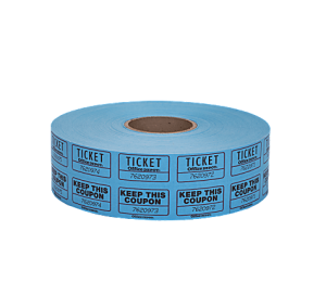 Roll of blue raffle tickets with "Keep This Coupon" and serial number 7620973 printed on them.