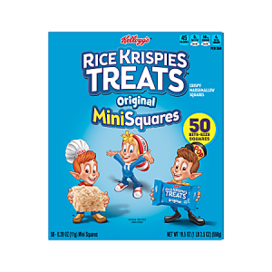 Kellogg's Rice Krispies Treats Original Mini Squares box showing three animated characters and 50 bite-size squares label.