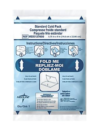 Standard cold pack with instructions for activation by folding, labeled in English, French, and Spanish.