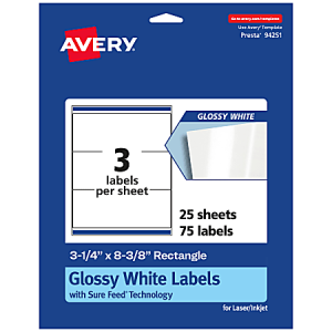 Avery glossy white labels, 3 per sheet, 25 sheets total, suitable for laser/inkjet, package shows Sure Feed Technology.