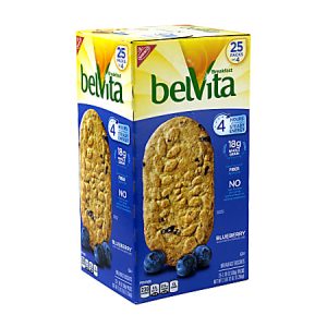 Box of Belvita Blueberry Breakfast Biscuits, 18g whole grain, 4 hours steady energy, 25 packs, with blueberry image.