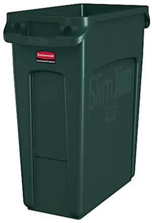 Green Rubbermaid Slim Jim trash can with a red label, designed for commercial use.