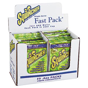 Display box of Squencher Fast Pack liquid concentrate, 50 individual packs, with bright packaging and bold lettering.