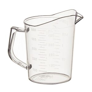 Transparent plastic measuring jug with a handle, marked in milliliters and ounces, up to 500 ml capacity.