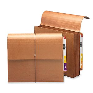 Brown accordion file folders with elastic closure, featuring labeled index tabs for organizing documents.