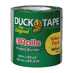 Duck Tape value pack with three rolls, each 1.88 inches by 55 yards. Green packaging with a yellow value pack label.