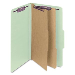 Mint green folder with multiple brown dividers and metal fasteners, designed to organize and store documents efficiently.