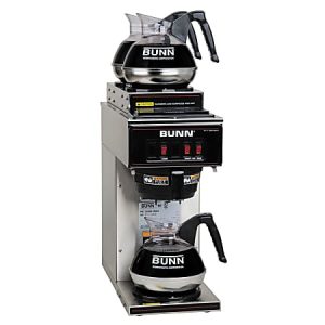 Bunn commercial coffee maker with two glass carafes; top carafe is empty, bottom one is on a hot plate.