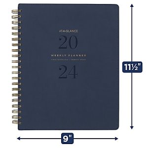 Blue hardcover weekly planner for 2024, measuring 9 by 11.5 inches, with gold spiral binding and embossed text.