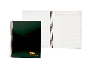 Black spiral planner with "Action Planner" text, shown closed and open displaying lined pages with column headers.