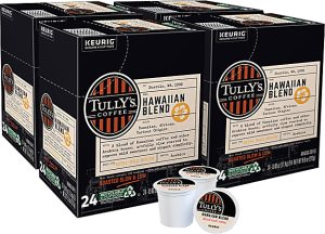 Tully's Coffee Hawaiian Blend K-Cups, 96-count, with bold aroma; packaging highlights recyclable option and Arabica beans.