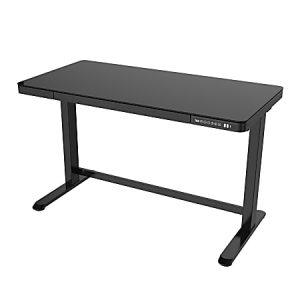 Black adjustable standing desk with digital controls on the side, featuring a sleek, modern design.