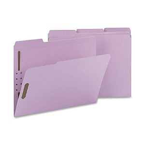 Two lavender file folders with tabs and metal fasteners, standing overlapped on a white background.