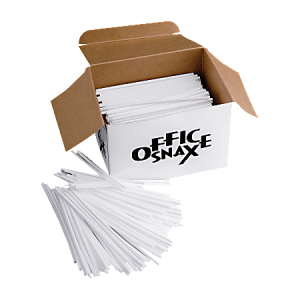 Open box of white plastic coffee stirrers with more stirrers scattered outside.