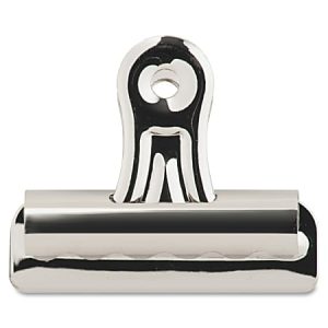 Silver metallic bulldog clip with a hinge mechanism, designed for holding papers together.