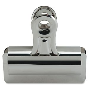 Silver metal binder clip with a round grip, used for securing papers.
