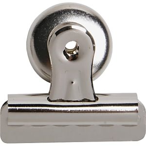 Silver magnetic clip with a round back and a wide, flat clasp, designed for holding papers.
