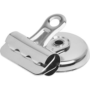 Metal magnetic clip with a circular base and a strong grip for holding documents or photos securely on surfaces.