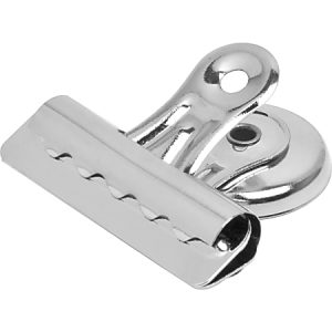 Silver metal bulldog clip with a wide grip, used for holding papers together.