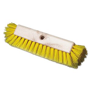 Yellow-bristled cleaning brush head with a wooden base and a central hole for attaching a handle.