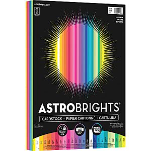 Astrobrights cardstock pack with 100 sheets in vibrant colors, featuring a rainbow sunburst design on the cover.