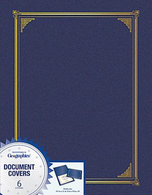 Blue document cover with gold art deco border design, featuring a label showing it's for certificates, pack of 6.