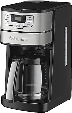 Black and stainless steel coffee maker with a glass carafe and digital display screen.