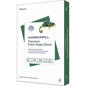 Hammermill Premium Color Copy Cover paper pack, 100 sheets, 17"x11", with a chameleon on the packaging.