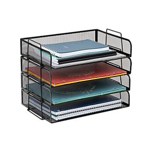 Black mesh desk organizer with four trays holding various colorful notebooks and folders.