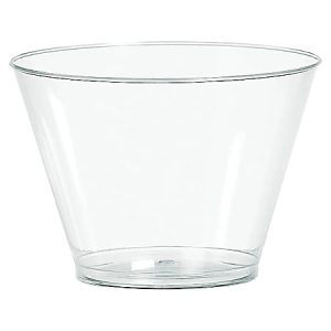 Clear plastic cup with a wide top and narrow base, set against a white background.