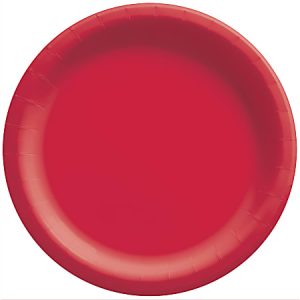 Red round paper plate with smooth edges, viewed from above against a plain white background.
