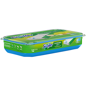 Swiffer Sweeper Wet cloths package with green and blue design, containing 12 pads for floor cleaning.