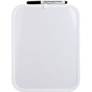 Rectangular whiteboard with rounded edges, featuring a black marker clipped at the top.