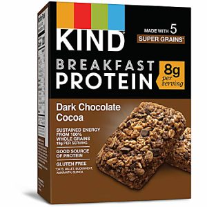 Box of KIND Breakfast Protein bars, Dark Chocolate Cocoa flavor, with 8g protein per serving. Gluten-free, made with 5 grains.