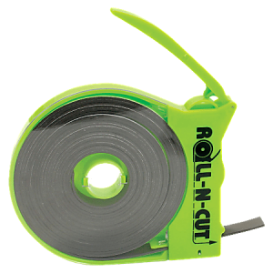 Green tape dispenser with a circular design and a lever, holding a roll of transparent tape.