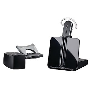 Black wireless headset with docking station and separate black telephone lifter on a white background.