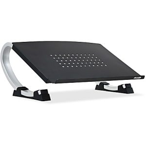 Black laptop stand with curved silver arms and a perforated slot ventilation platform.