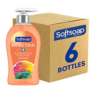 Softsoap antibacterial hand soap with crisp clean scent, 11.25 oz bottle, beside cardboard box labeled "6 bottles.