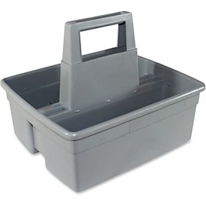 Gray plastic caddy with a handle, designed for organizing and carrying cleaning supplies.