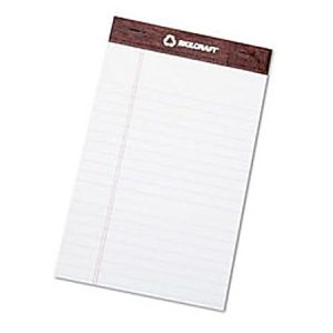 White ruled notepad with brown top binding and a perforated edge, lying at an angle on a white background.