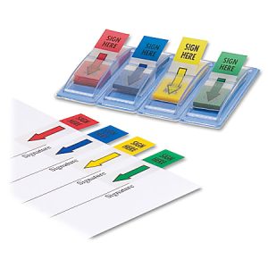 Colorful "Sign Here" sticky tabs with arrows in red, blue, yellow, green, placed on a set of signature lines.