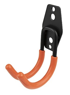 Orange and black double hook wall mount with two screw holes for securing items like bikes or tools.