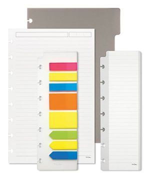 Notebook dividers with multi-colored sticky tabs and lined paper are arranged overlapping on a white background.