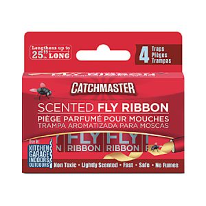 Catchmaster scented fly ribbon, non-toxic, 25 ft long, 4 traps per pack, suitable for indoor and outdoor use.