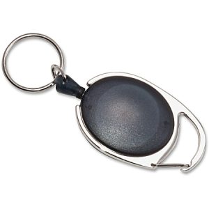 Retractable keychain with silver clip and black round casing, attached to a metal key ring.