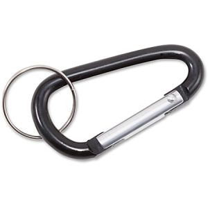 Black carabiner with a metal keyring attached, isolated on a white background.