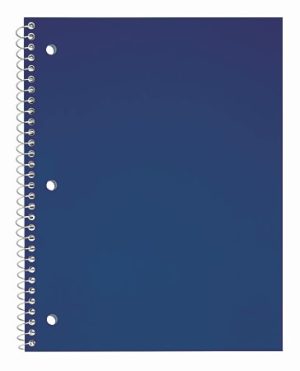 Blue spiral-bound notebook with a plain cover and three punched holes on the side.