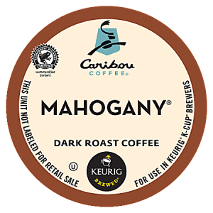 Caribou Coffee Mahogany dark roast K-Cup label, Fair Trade certified, for Keurig brewers. 100% Arabica coffee.